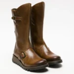 MES2913 - Women's Wedge Heel Buckle Mid Calf Leather Boots - Image 13