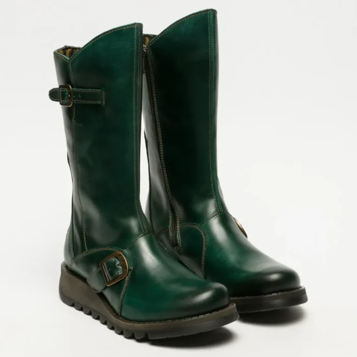 MES2913 - Women's Wedge Heel Buckle Mid Calf Leather Boots - Image 20