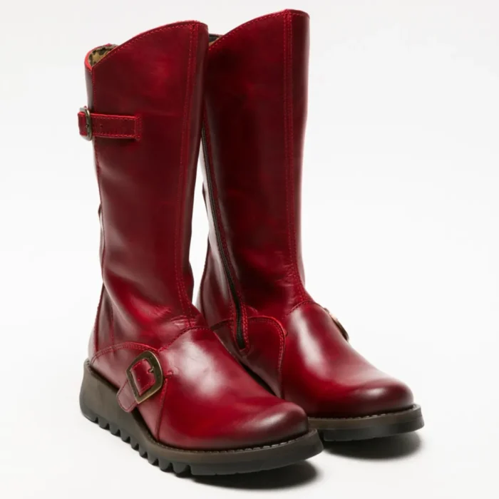 MES2913 - Women's Wedge Heel Buckle Mid Calf Leather Boots - Image 24