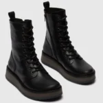 RAMI043FLY - Women's Wedge Heel Lace Up Leather Ankle Boots - Image 2