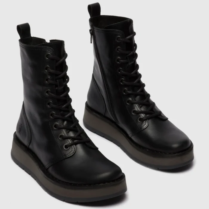 RAMI043FLY - Women's Wedge Heel Lace Up Leather Ankle Boots - Image 2