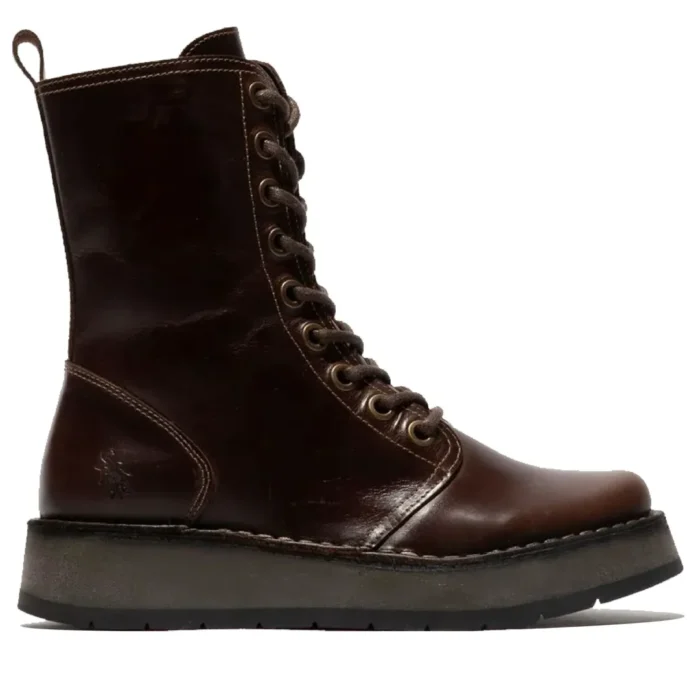 RAMI043FLY - Women's Wedge Heel Lace Up Leather Ankle Boots - Image 5