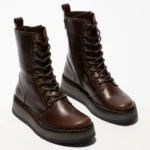 RAMI043FLY - Women's Wedge Heel Lace Up Leather Ankle Boots - Image 8