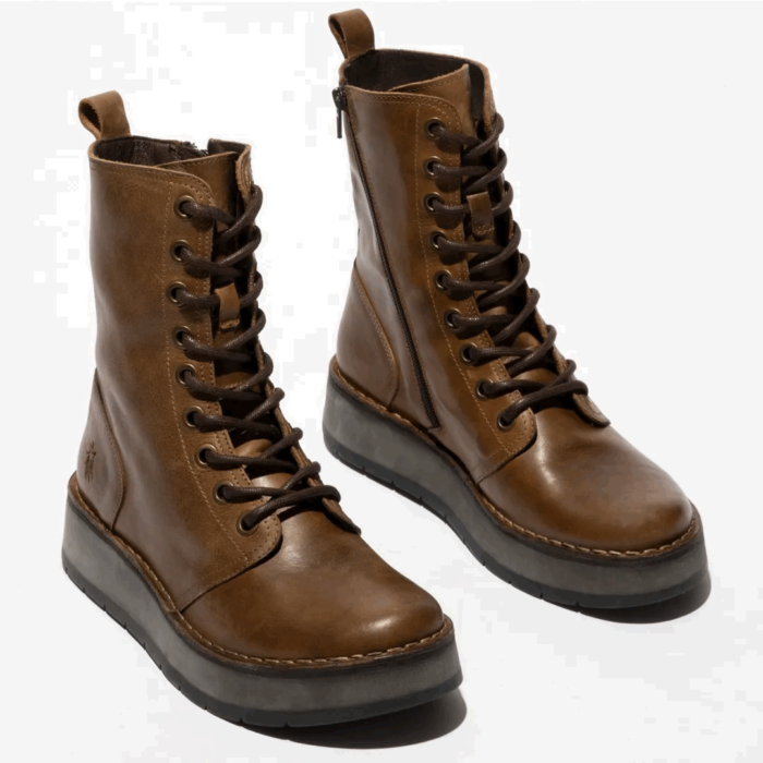 RAMI043FLY - Women's Wedge Heel Lace Up Leather Ankle Boots - Image 11