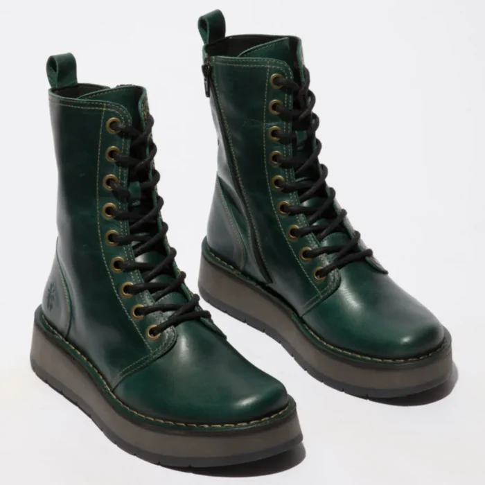 RAMI043FLY - Women's Wedge Heel Lace Up Leather Ankle Boots - Image 16