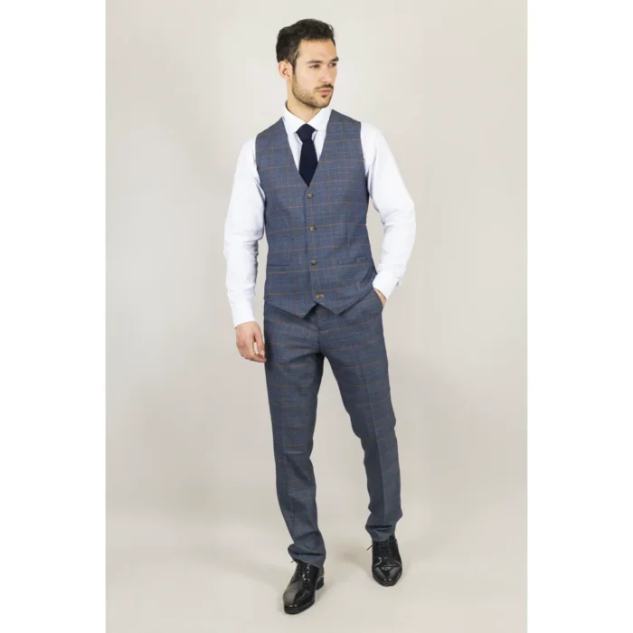Men's Suit 3 Piece Navy Blue Checked Classic Plaid Tailored Fit Formal Dress - Image 5