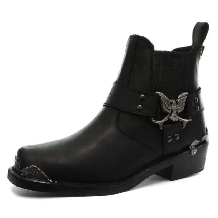 Mens Real Leather Lo Biker Boots Rock Punk Grinders Eagle Buckle Metal Toe - Image 1