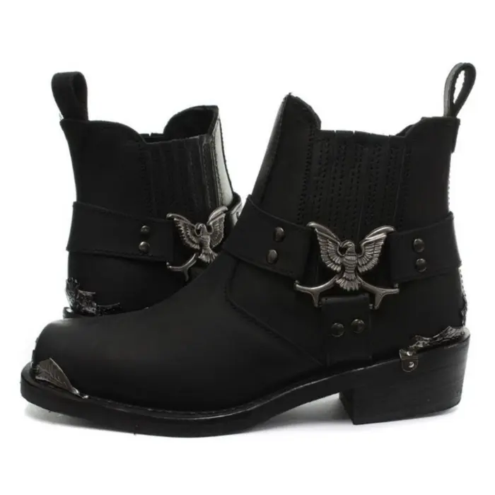 Mens Real Leather Lo Biker Boots Rock Punk Grinders Eagle Buckle Metal Toe - Image 2
