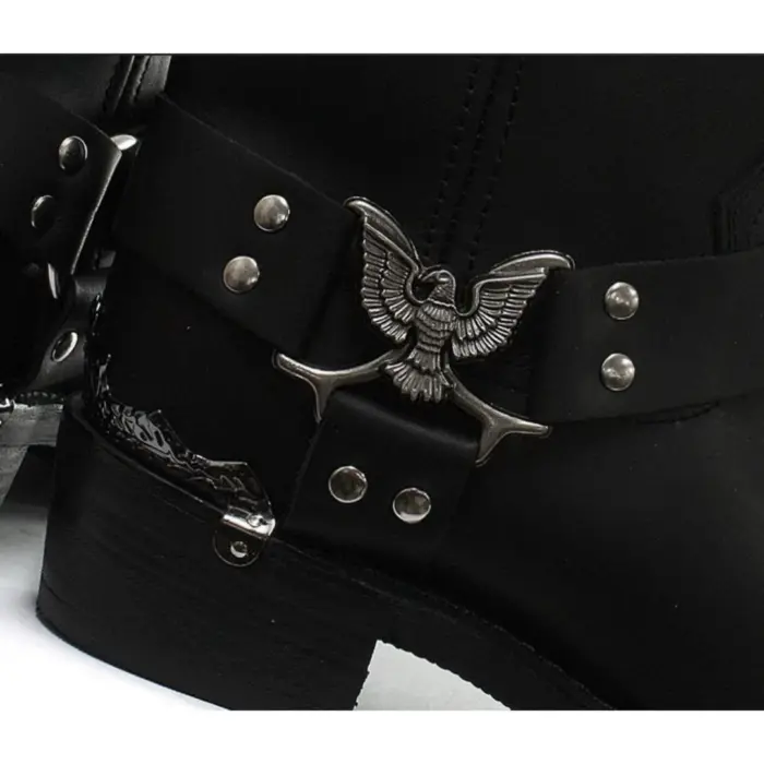Mens Real Leather Hi Biker Boots Rock Punk Grinders Eagle Buckle Metal Toe - Image 1