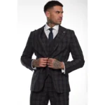 Men's Navy Blue 3 Piece Check Suit Formal Business Dress Suits - Image 2