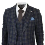 Men's Navy Blue 3 Piece Check Suit Formal Business Dress Suits - Image 4
