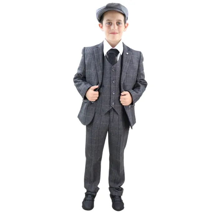 Boys 3 Piece Suit Grey Tweed Check Blinders Vintage Kids Classic 1920s - Image 2