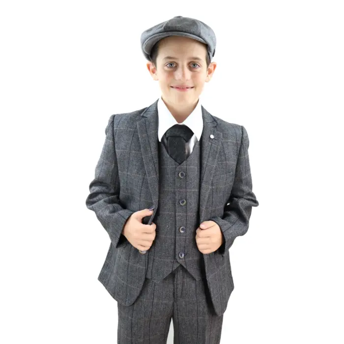 Boys 3 Piece Suit Grey Tweed Check Blinders Vintage Kids Classic 1920s - Image 1