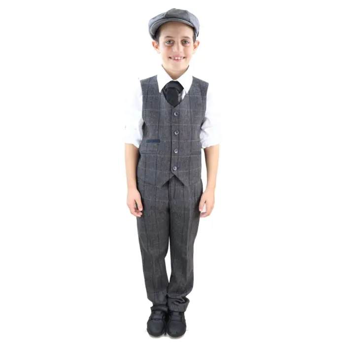 Boys 3 Piece Suit Grey Tweed Check Blinders Vintage Kids Classic 1920s - Image 4