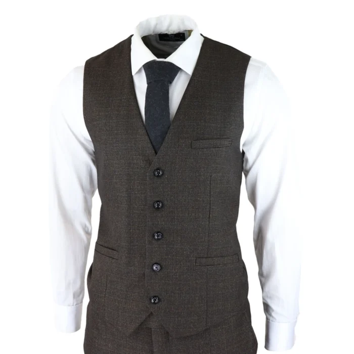 Mens 3 Piece Check Suit Tweed Black Brown Tailored Fit Wedding Peaky Classic - Image 5