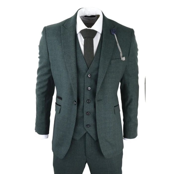 Mens 3 Piece Check Suit Tweed Olive Green Tailored Fit Wedding Peaky Classic - Image 1