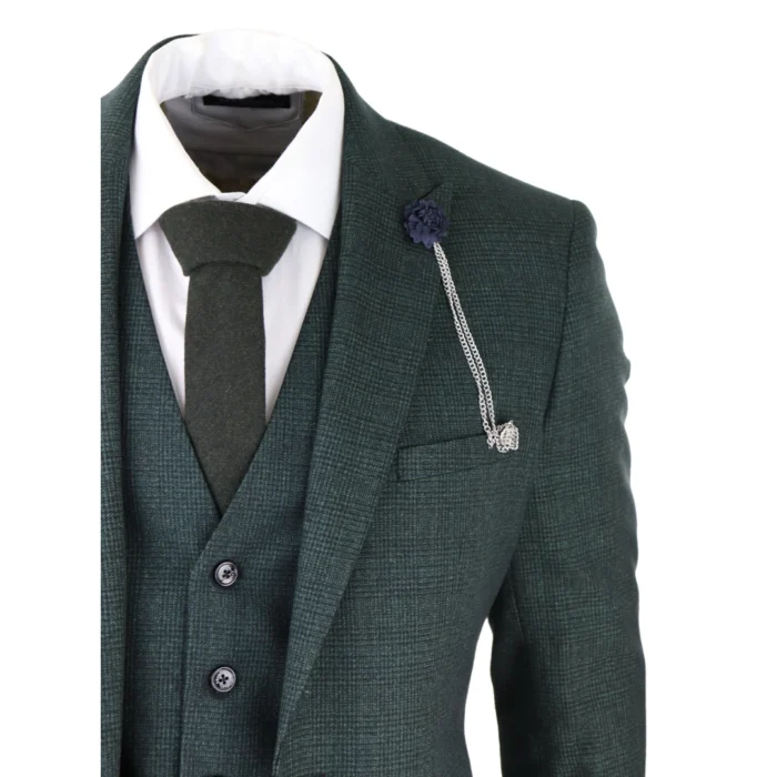 Mens 3 Piece Check Suit Tweed Olive Green Tailored Fit Wedding Peaky Classic - Image 4