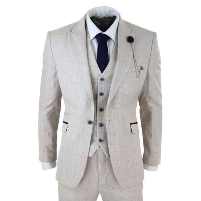 Mens 3 Piece Suit Tweed Cream Black Tailored Fit Wedding Classic - Image 1