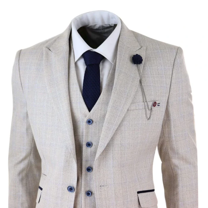 Mens 3 Piece Suit Tweed Cream Black Tailored Fit Wedding Classic - Image 4