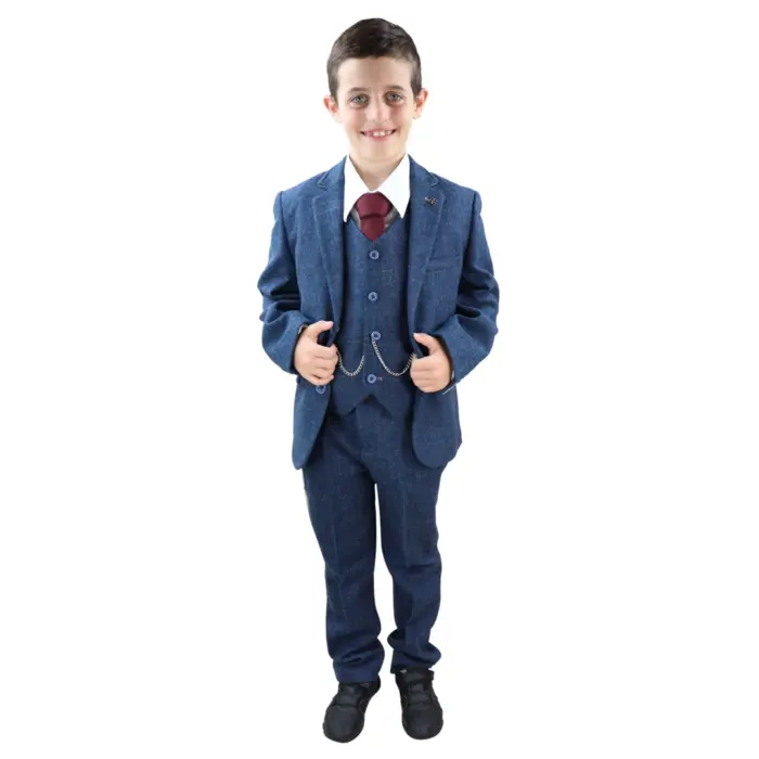 Boys 3 Piece Navy Blue Suit Tweed Check Blinders Tailored Fit Vintage - Image 2