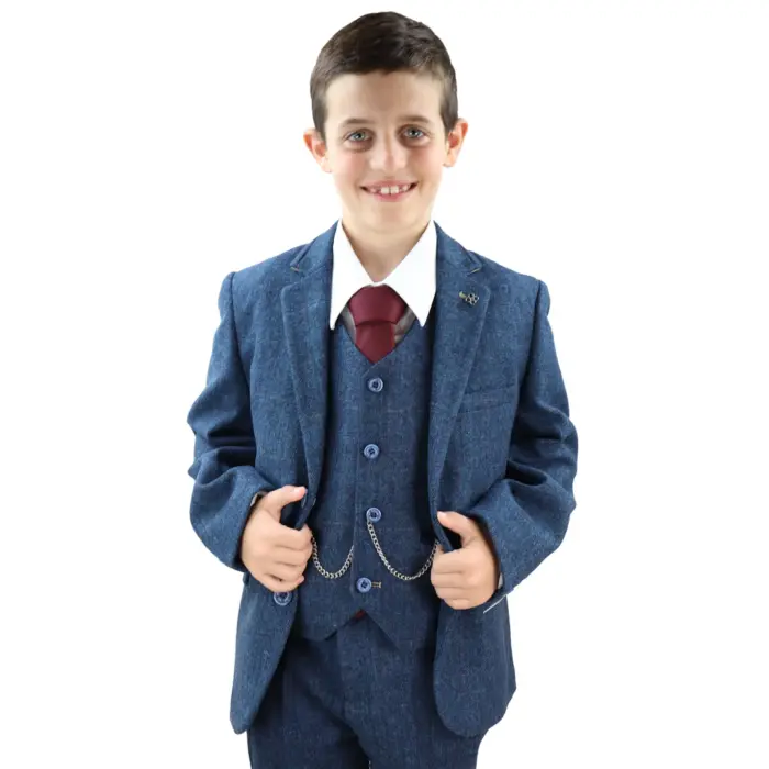 Boys 3 Piece Navy Blue Suit Tweed Check Blinders Tailored Fit Vintage - Image 1