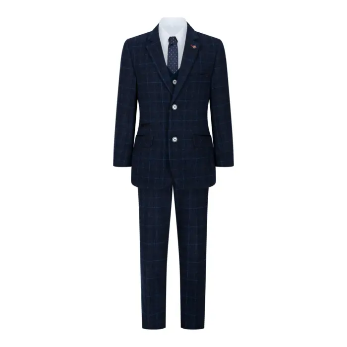 Boys Blue 3 Piece Suit Navy Check Wedding Prom Formal Vintage Tailored Fit - Image 2