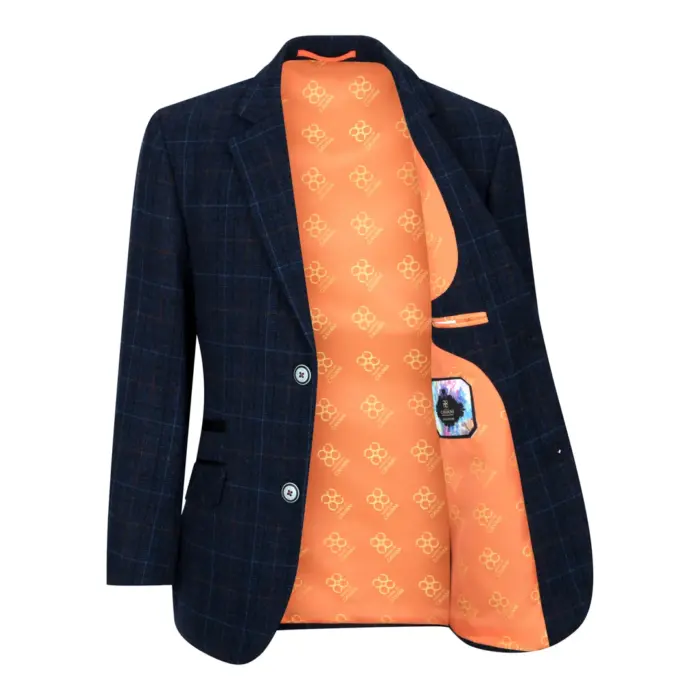 Boys Blue 3 Piece Suit Navy Check Wedding Prom Formal Vintage Tailored Fit - Image 8
