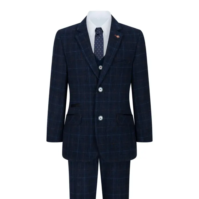 Boys Blue 3 Piece Suit Navy Check Wedding Prom Formal Vintage Tailored Fit - Image 1