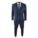 Mens Herringbone Tweed Navy Blue Check 3 Piece Vintage Suit Tan - Image 2