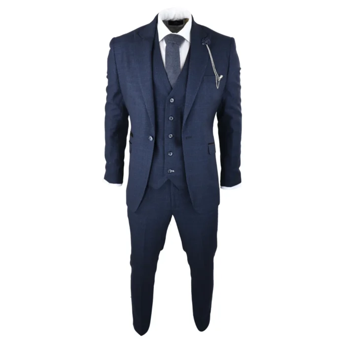 Mens Herringbone Tweed Navy Blue Check 3 Piece Vintage Suit Tan - Image 2