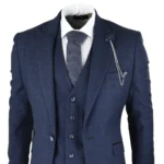 Mens Herringbone Tweed Navy Blue Check 3 Piece Vintage Suit Tan - Image 3