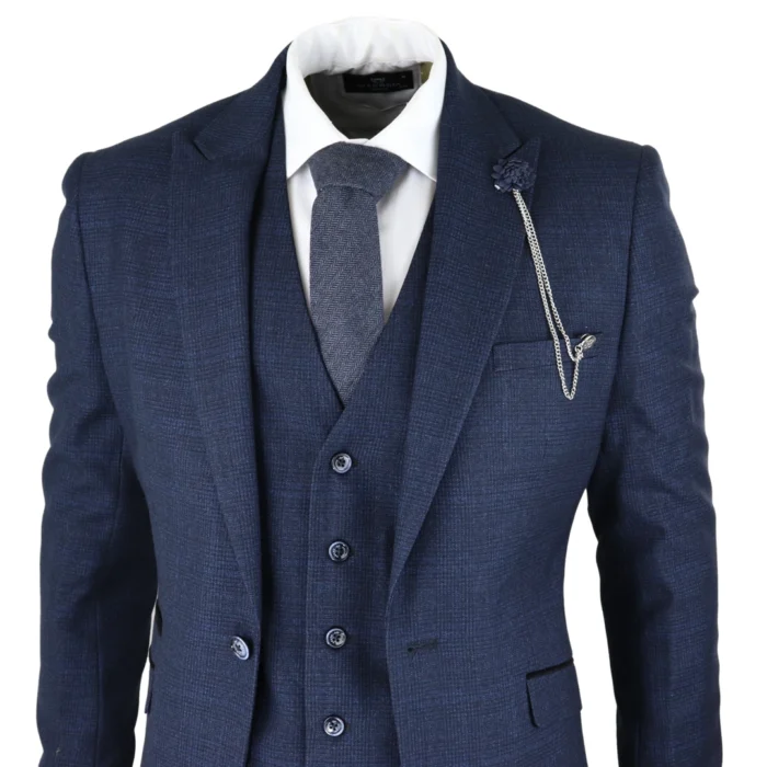 Mens Herringbone Tweed Navy Blue Check 3 Piece Vintage Suit Tan - Image 3