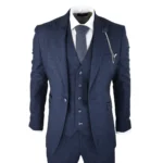 Mens Herringbone Tweed Navy Blue Check 3 Piece Vintage Suit Tan
