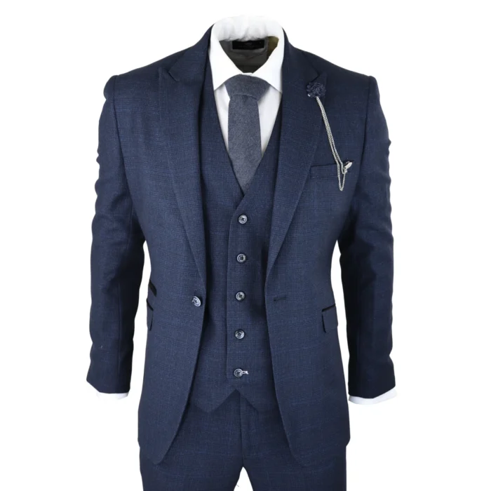 Mens Herringbone Tweed Navy Blue Check 3 Piece Vintage Suit Tan - Image 1