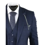 Mens Herringbone Tweed Navy Blue Check 3 Piece Vintage Suit Tan - Image 4