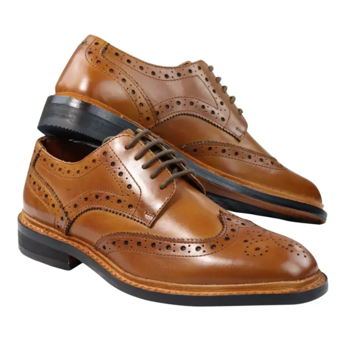 Mens Oxford Brogue Shoes Laced Leather Goodyear Welted Tan Brown Burgundy - Image 4