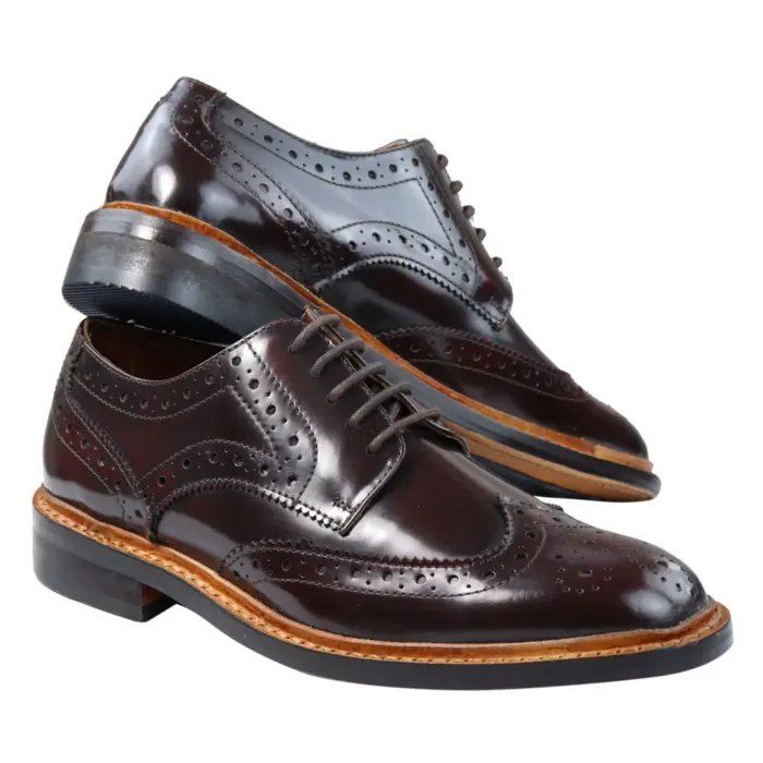Mens Oxford Brogue Shoes Laced Leather Goodyear Welted Tan Brown Burgundy - Image 8