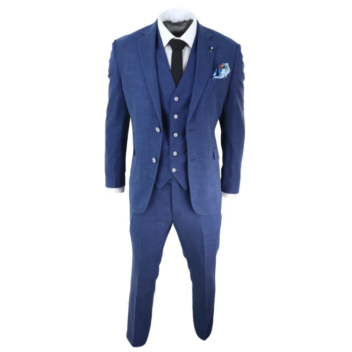 Mens 3 Piece Suit Blue Summer Linen Tailored Fit Wedding Prom Classic - Image 2