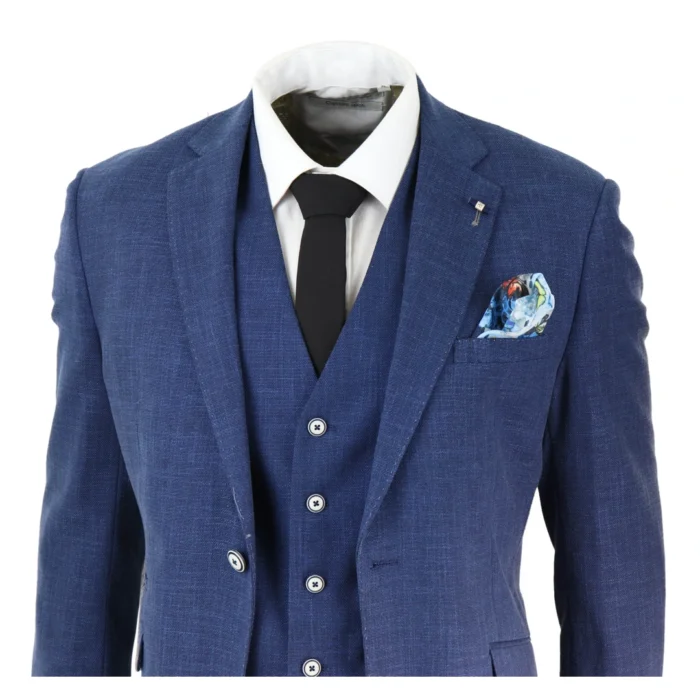 Mens 3 Piece Suit Blue Summer Linen Tailored Fit Wedding Prom Classic - Image 4