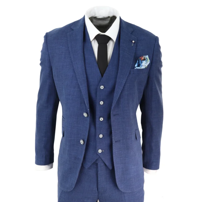 Mens 3 Piece Suit Blue Summer Linen Tailored Fit Wedding Prom Classic - Image 1