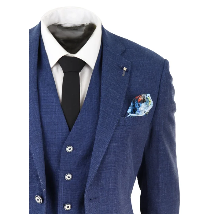 Mens 3 Piece Suit Blue Summer Linen Tailored Fit Wedding Prom Classic - Image 3