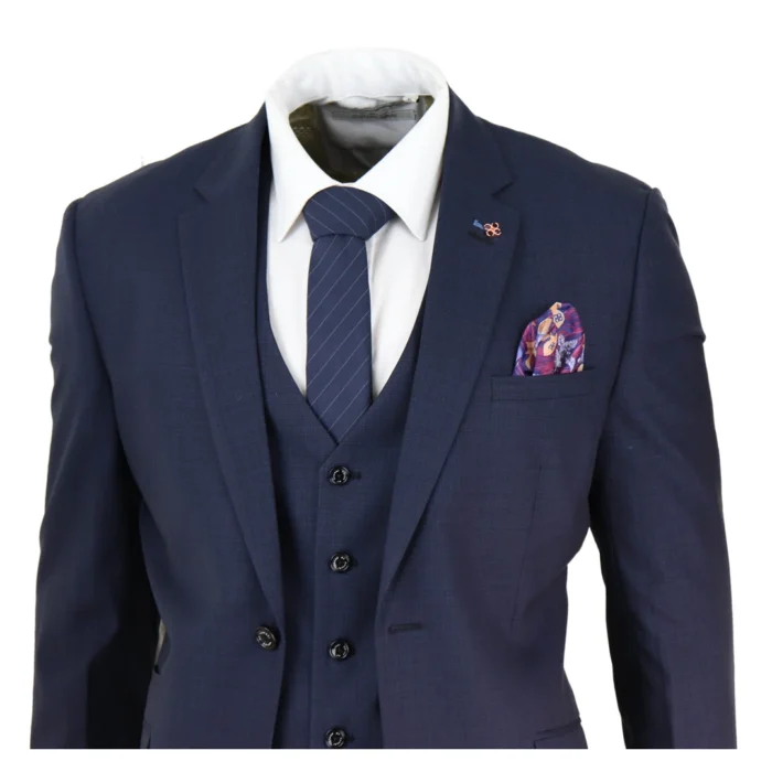 Mens 3 Piece Suit Navy Tailored Fit Classic Retro Vintage Wedding Prom Office - Image 3