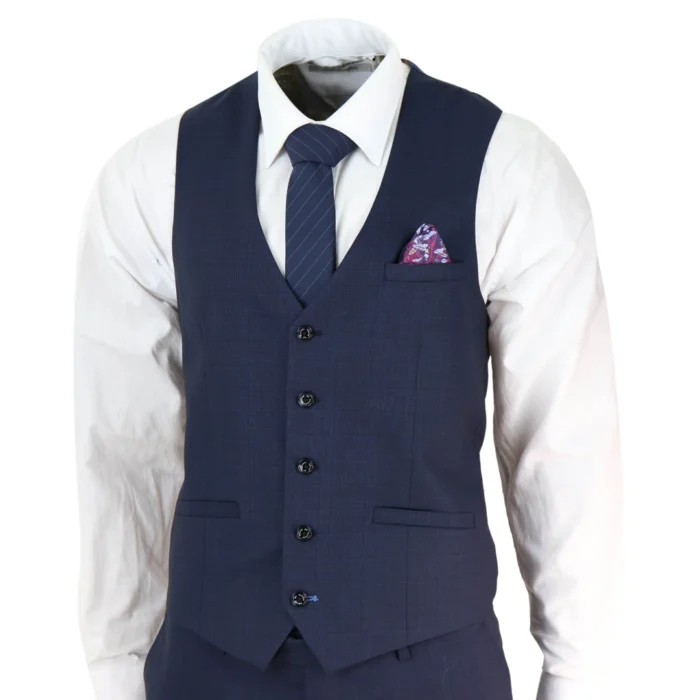 Mens 3 Piece Suit Navy Tailored Fit Classic Retro Vintage Wedding Prom Office - Image 5