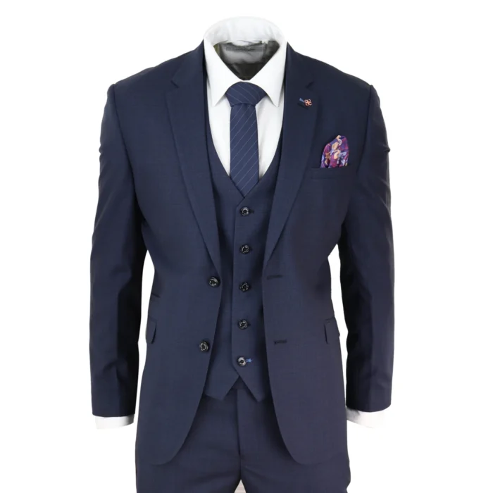 Mens 3 Piece Suit Navy Tailored Fit Classic Retro Vintage Wedding Prom Office - Image 1