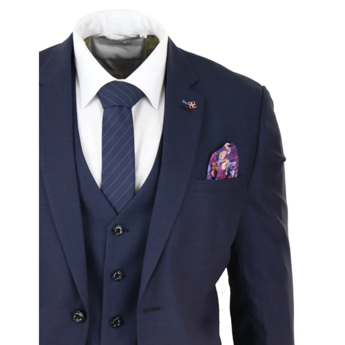 Mens 3 Piece Suit Navy Tailored Fit Classic Retro Vintage Wedding Prom Office - Image 4
