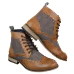 Mens Leather Tweed Herringbone Ankle Boots Shoes Blinders Sherlock Vintage Classic - Image 13