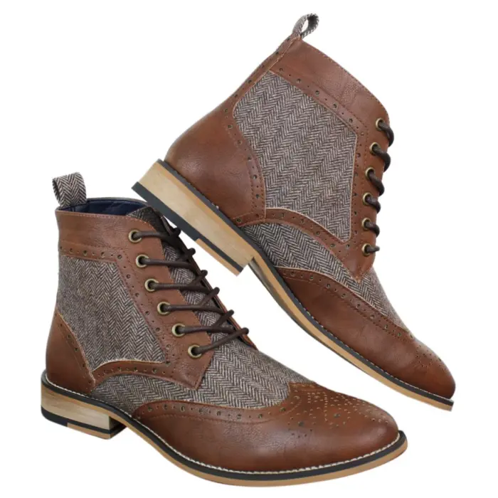 Mens Leather Tweed Herringbone Ankle Boots Shoes Blinders Sherlock Vintage Classic - Image 3