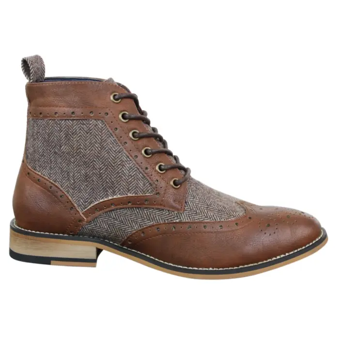 Mens Leather Tweed Herringbone Ankle Boots Shoes Blinders Sherlock Vintage Classic - Image 1
