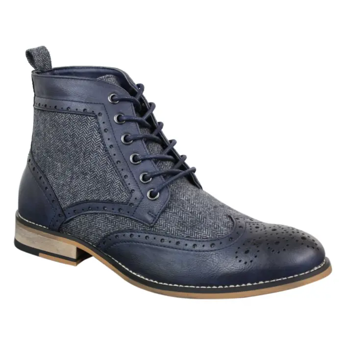 Mens Leather Tweed Herringbone Ankle Boots Shoes Blinders Sherlock Vintage Classic - Image 7