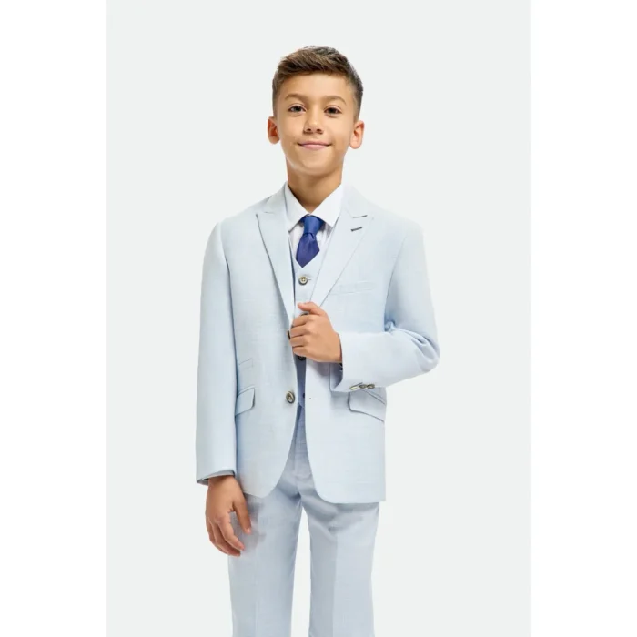 Boys Suit 3 Piece Sky Blue Tailored Fit Wedding Formal Outfit - Image 1